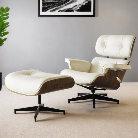 35" Beige and Dark Brown Genuine Leather Tufted Swivel Lounge Chair With Ottoman