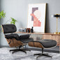 35" Black and Brown Genuine Leather Tufted Swivel Lounge Chair With Ottoman