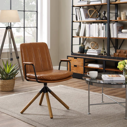 23" Off White Faux Leather And Brown Swivel Arm Chair