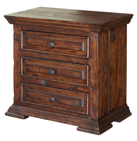 Mesita de noche de tres cajones de madera maciza marrón de 32"