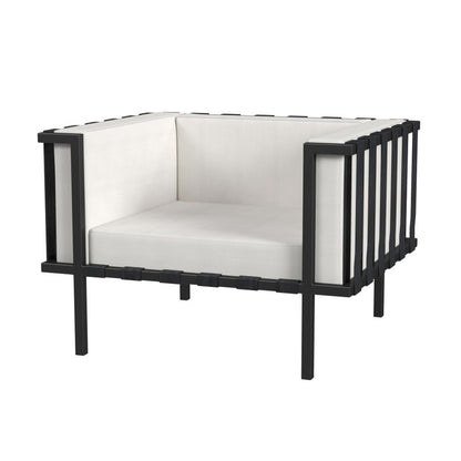 Sillón de exterior de metal negro de 83 cm con cojín blanco roto