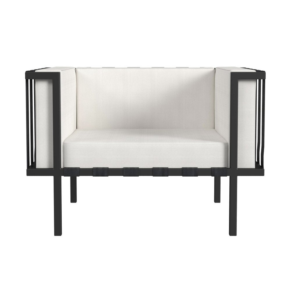 Sillón de exterior de metal negro de 83 cm con cojín blanco roto