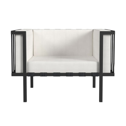 Sillón de exterior de metal negro de 83 cm con cojín blanco roto