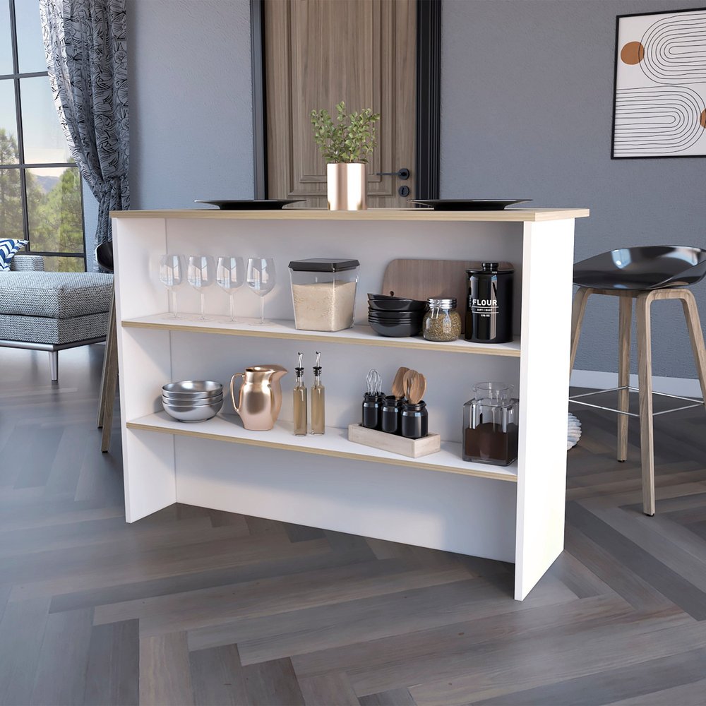Isla de cocina blanca y natural de 47" con almacenamiento