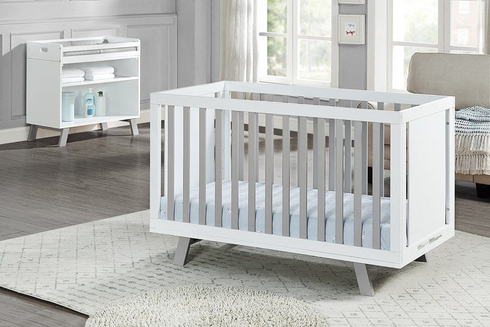 Cuna convertible tres en uno estándar de madera maciza y manufacturada en gris y blanco