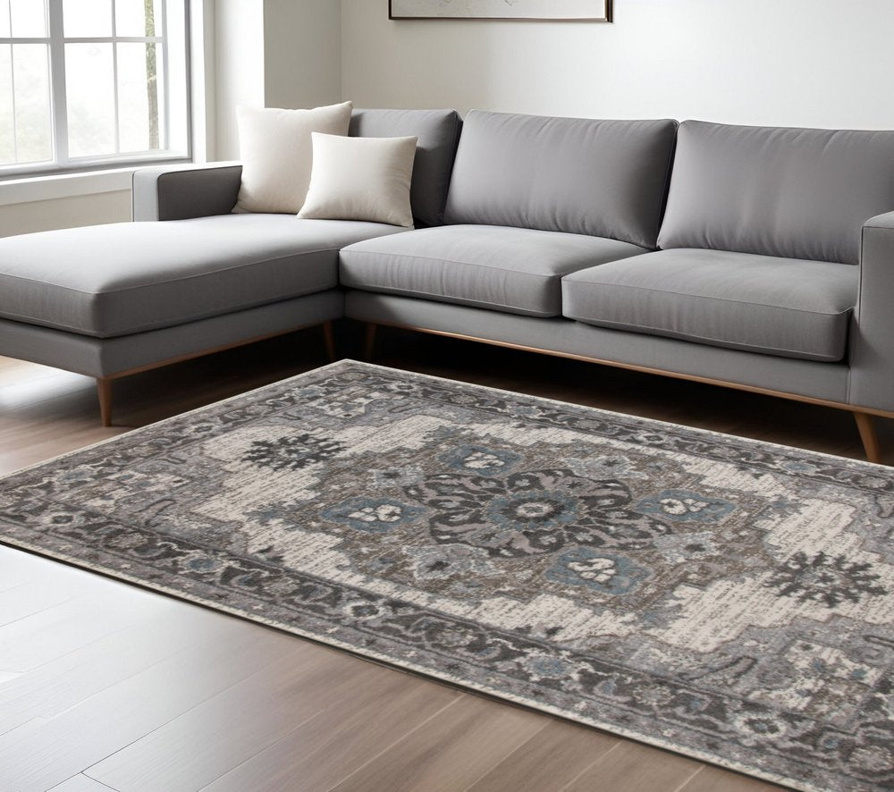 9' X 12' Ivory Taupe and Gray Medallion Power Loom Area Rug