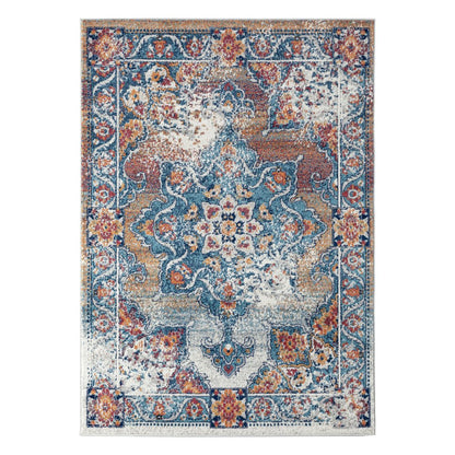 9' X 12' Ivory Blue And Orange Medallion Area Rug