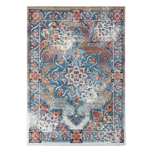 9' X 12' Ivory Blue And Orange Medallion Area Rug