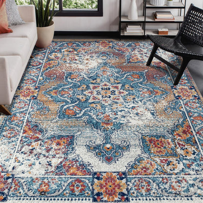 9' X 12' Ivory Blue And Orange Medallion Area Rug