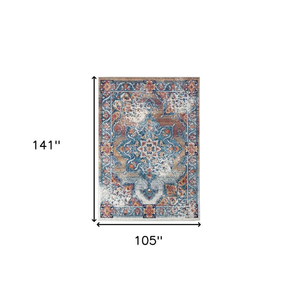9' X 12' Ivory Blue And Orange Medallion Area Rug