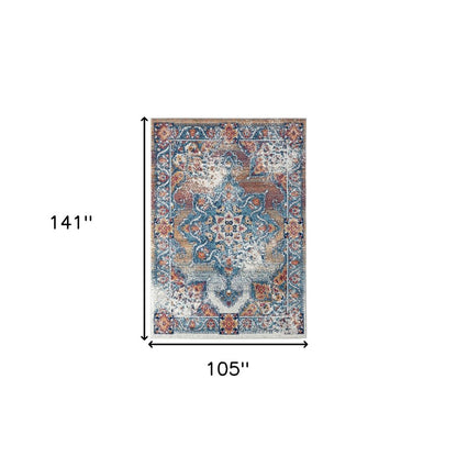 9' X 12' Ivory Blue And Orange Medallion Area Rug