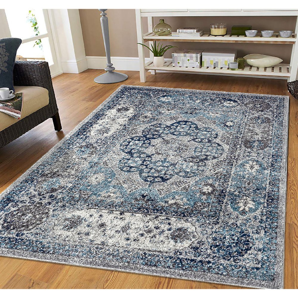 9' X 12' Ivory Blue And Gray Medallion Area Rug