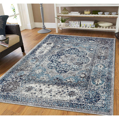 9' X 12' Ivory Blue And Gray Medallion Area Rug