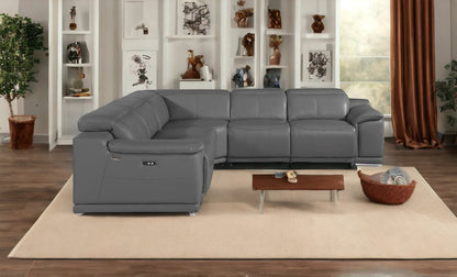 Seccional esquinero de cinco piezas en forma de U, reclinable eléctrico, de cuero italiano gris con consola