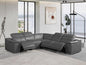 Seccional esquinero de cinco piezas en forma de U, reclinable eléctrico, de cuero italiano gris con consola