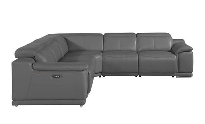 Seccional esquinero de cinco piezas en forma de U, reclinable eléctrico, de cuero italiano gris con consola