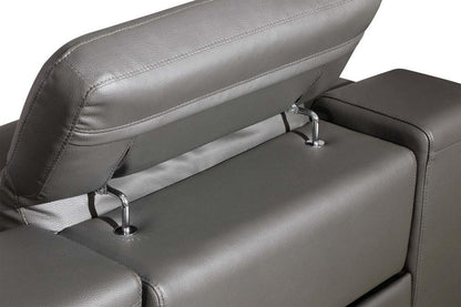 Seccional esquinero de cinco piezas en forma de U, reclinable eléctrico, de cuero italiano gris con consola