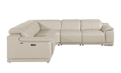 Seccional esquinero de cinco piezas en forma de U, reclinable eléctrico, de cuero italiano beige con consola