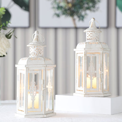 Set of Two White And Gold Glass And Metal Filigree Tabletop Lantern Candle Holders