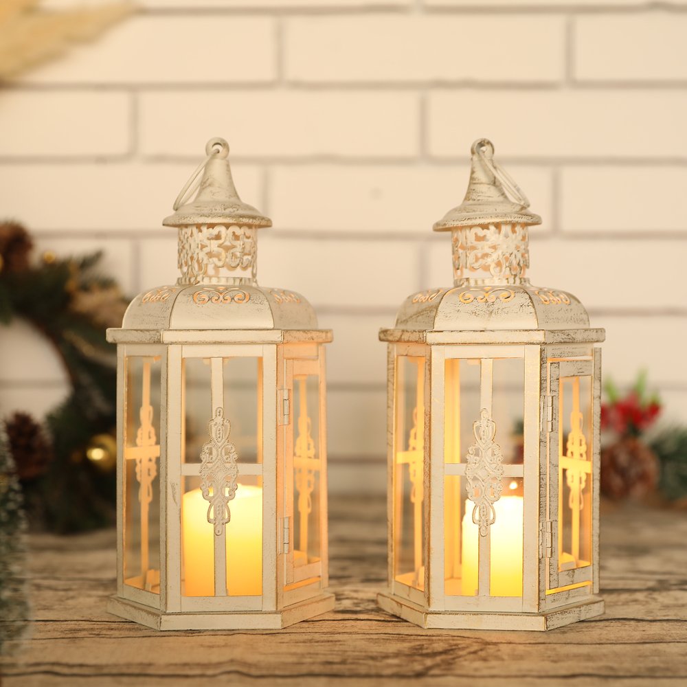 Set of Two White And Gold Glass And Metal Filigree Tabletop Lantern Candle Holders