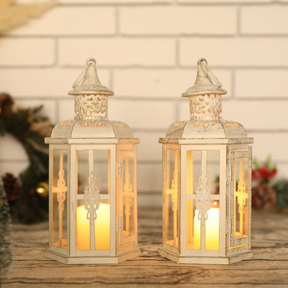 Set of Two White And Gold Glass And Metal Filigree Tabletop Lantern Candle Holders