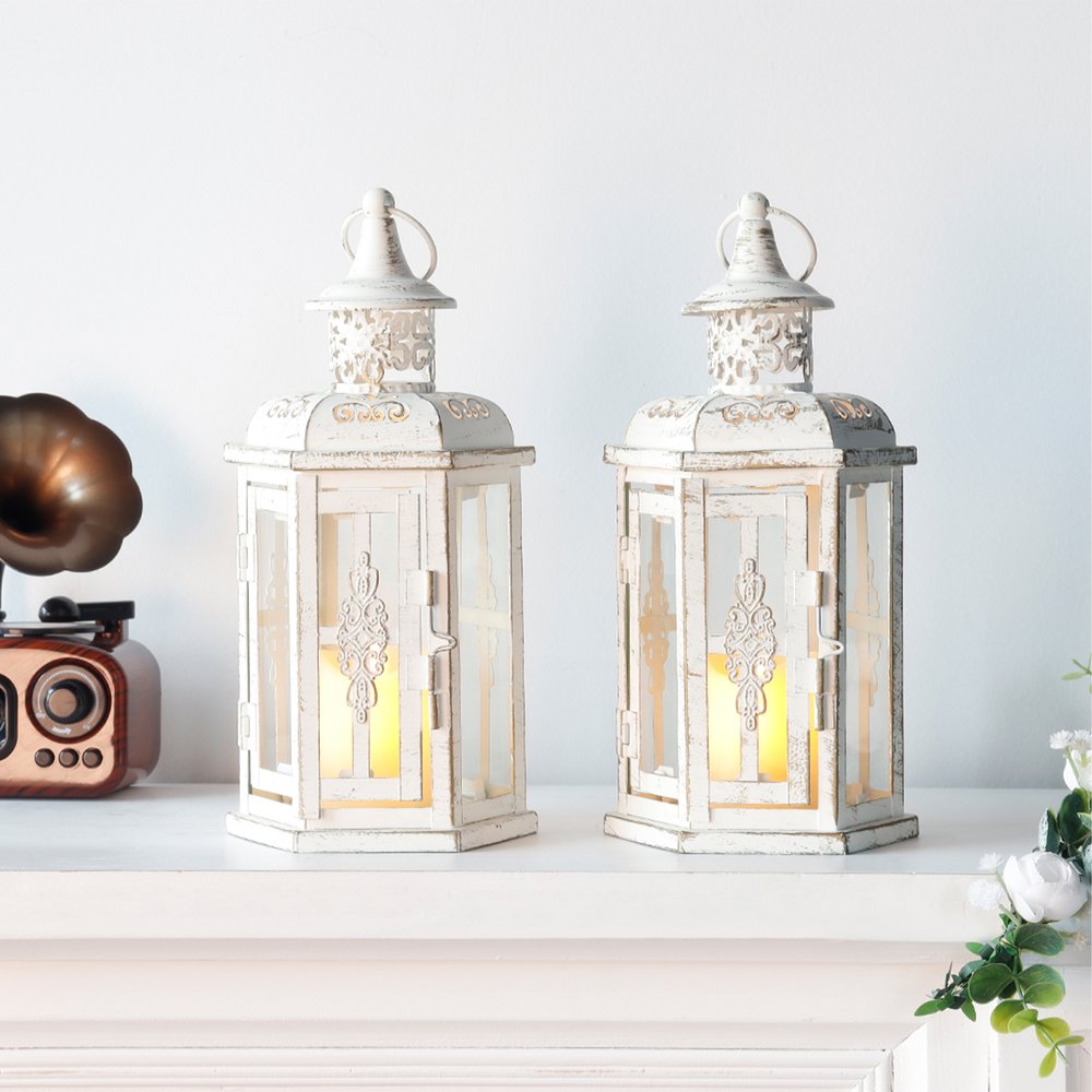 Set of Two White And Gold Glass And Metal Filigree Tabletop Lantern Candle Holders