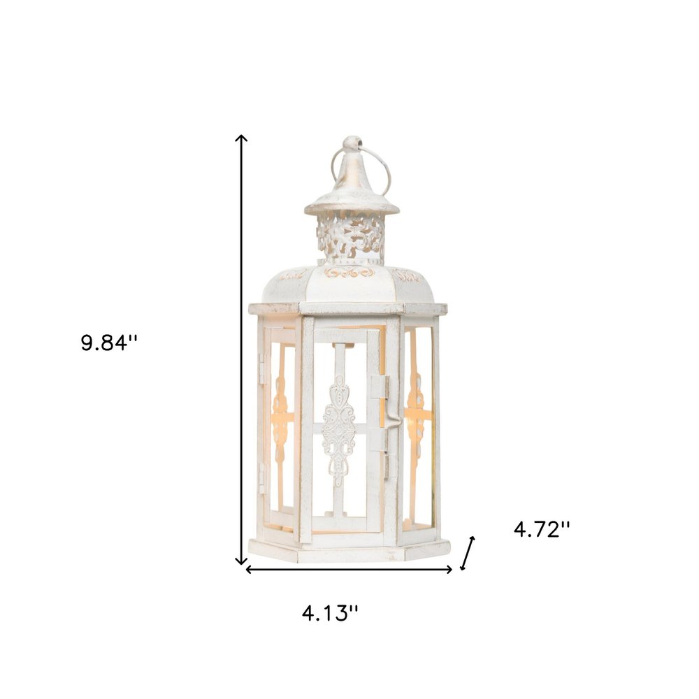 Set of Two White And Gold Glass And Metal Filigree Tabletop Lantern Candle Holders