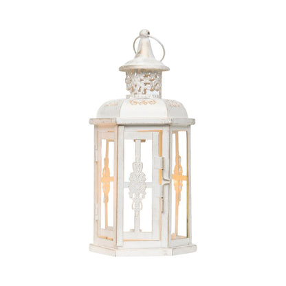 Set of Two White And Gold Glass And Metal Filigree Tabletop Lantern Candle Holders