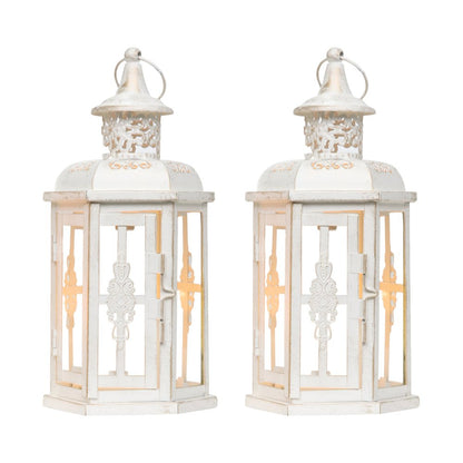 Set of Two White And Gold Glass And Metal Filigree Tabletop Lantern Candle Holders