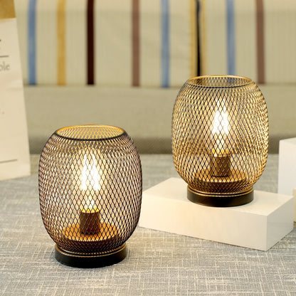 Set of Two 7" Black Metal Lantern Bedside Lamps With Black Lattice Cage Shade