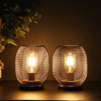 Set of Two 7" Black Metal Lantern Bedside Lamps With Black Lattice Cage Shade