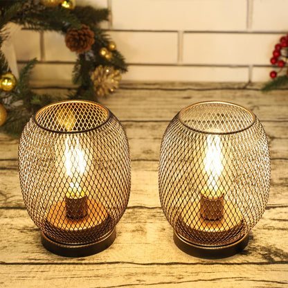 Set of Two 7" Black Metal Lantern Bedside Lamps With Black Lattice Cage Shade