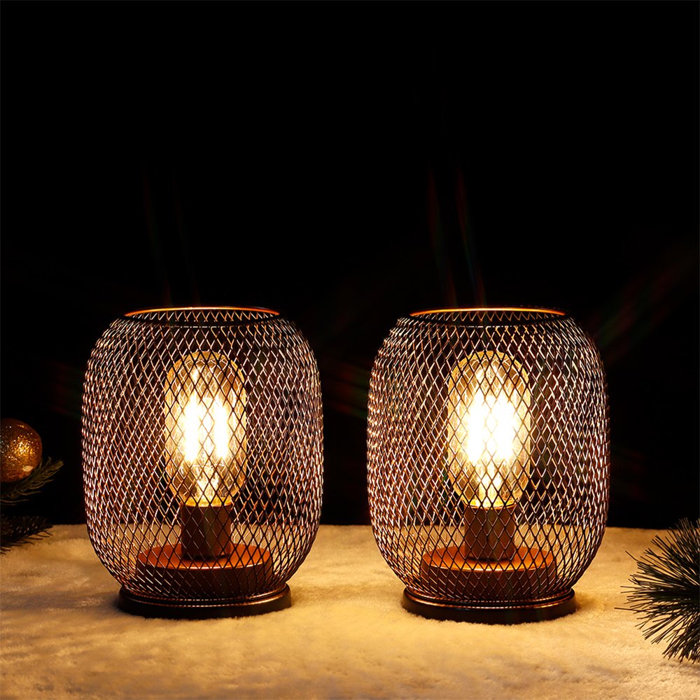 Set of Two 7" Black Metal Lantern Bedside Lamps With Black Lattice Cage Shade