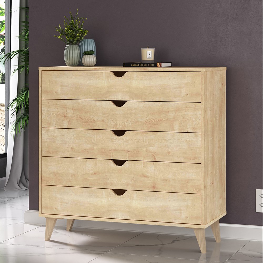 Cómoda de cinco cajones de madera natural de 36"