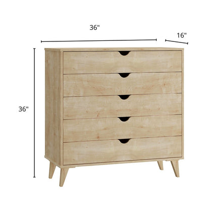 Cómoda de cinco cajones de madera natural de 36"