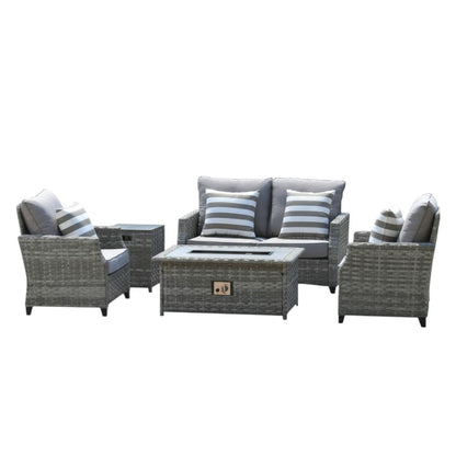 Five Piece Gray Rattan Sofa Seating Group With Fire Pit And Table