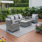 Five Piece Gray Rattan Sofa Seating Group With Fire Pit And Table