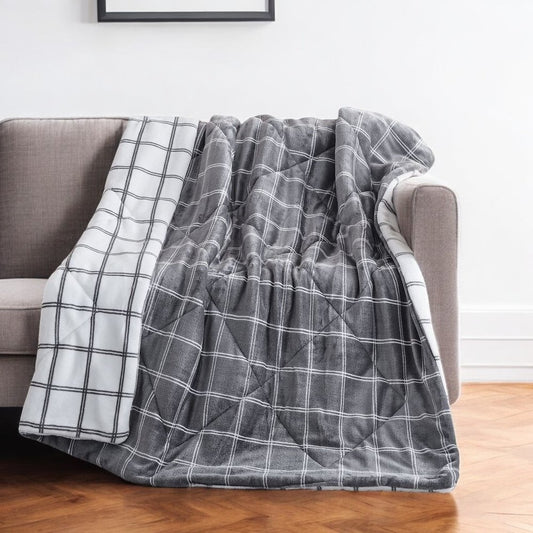 50" X 60" Gray and White Velvet Quilted Plaid Plush Throw Blanket