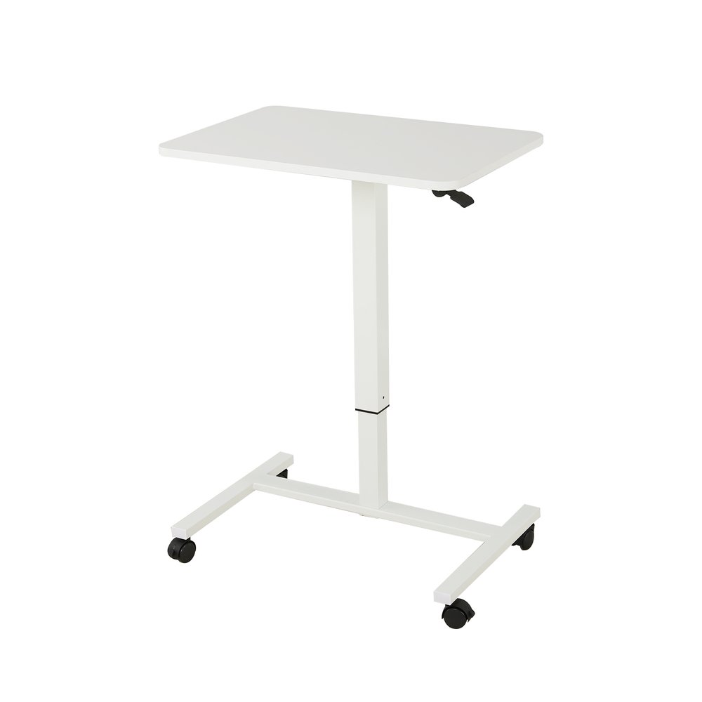 Escritorio de pie ajustable con ruedas de madera blanca y acero inoxidable