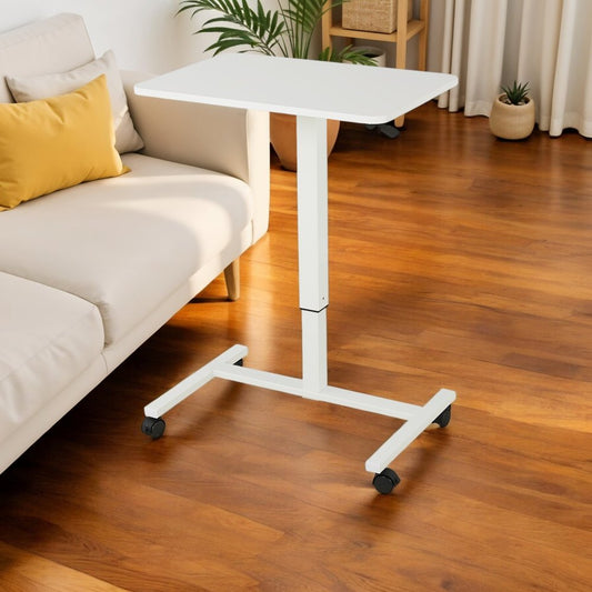 Escritorio de pie ajustable con ruedas de madera blanca y acero inoxidable
