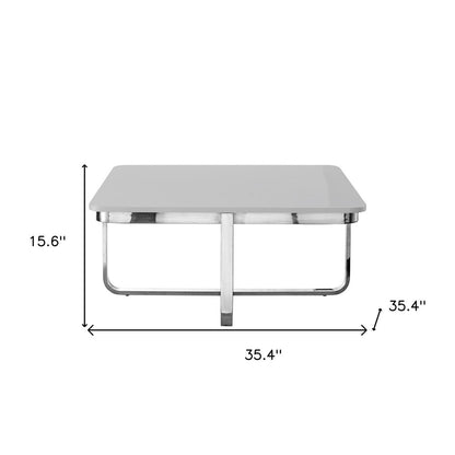 35" White And Silver Metallic Stainless Steel Square Coffee Table