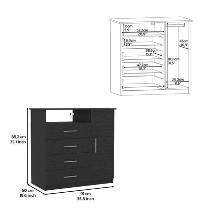 Cómoda combinada de cuatro cajones negra de 36"