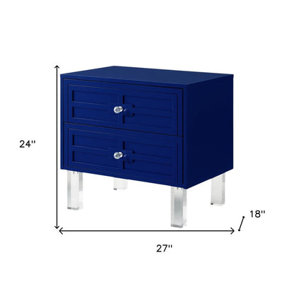 24" Navy Blue And Clear Wood And Acrylic End Table With Two Drawers