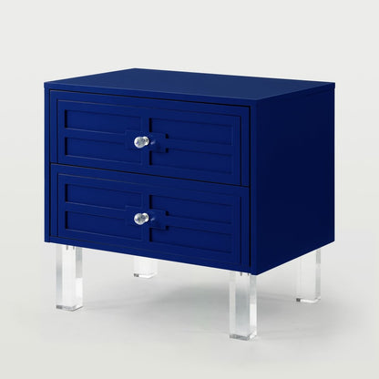 24" Navy Blue And Clear Wood And Acrylic End Table With Two Drawers