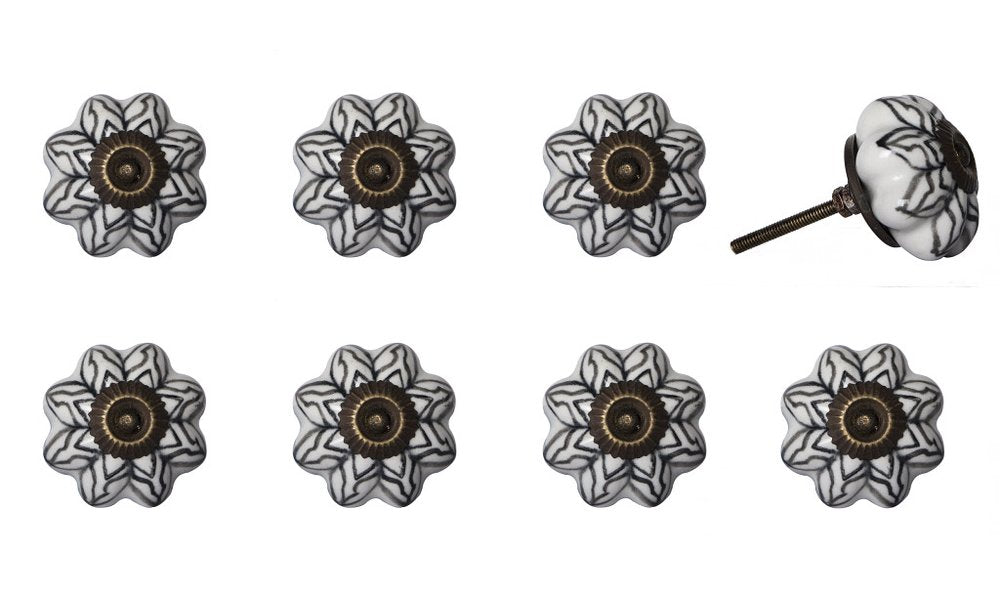 Set of Eight Black And White Ceramic And Metal Drawer Pull Knobs