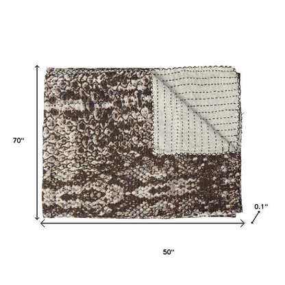 50" X 70" Brown And Ivory Cotton Quilted Kantha Throw Blanket With Embroidery