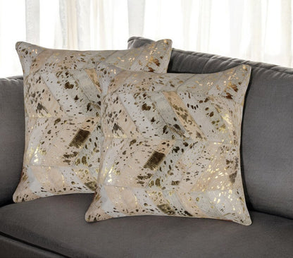 Set of Two 18" Natural and Gold Chevron Cowhide Throw Pillows with Glitter