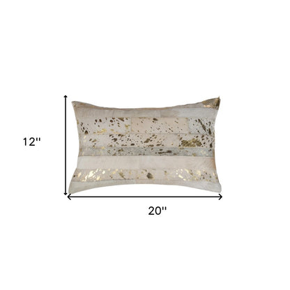 Set of Two 12" X 20" Natural and Gold Patchwork Cowhide Lumbar Throw Pillows with Glitter
