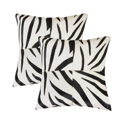 Set of Two 18" White and Black Zebra Cowhide Throw Pillows