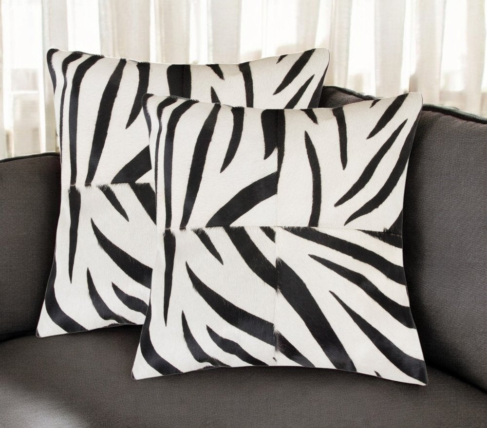 Set of Two 18" White and Black Zebra Cowhide Throw Pillows